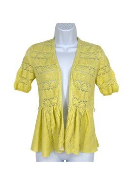 Knitted & Knotted Anthropologie Open Peplum Short Sleeve Cardigan Yellow Size XS